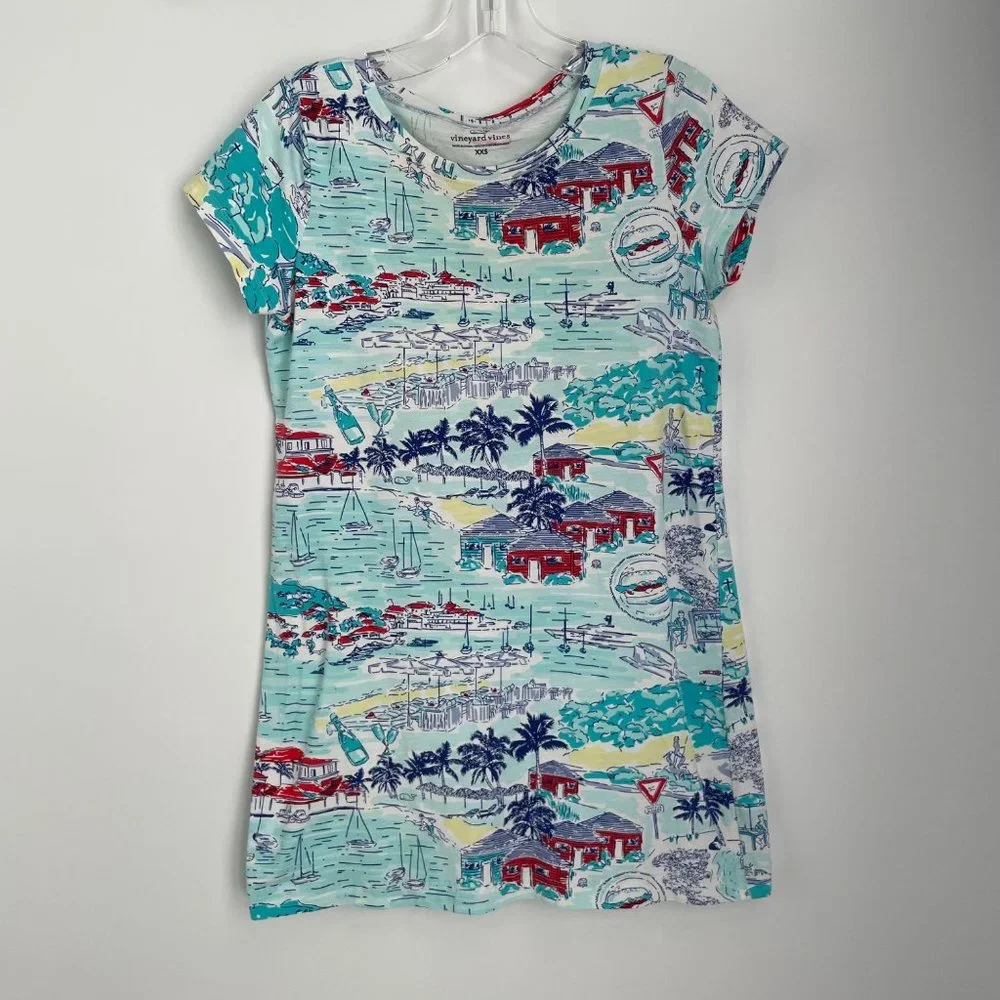 Vineyard Vines Blue Multi-Color Printed Short Sleeve T-Shirt Dress XX-Small XXS - Picture 2 of 6